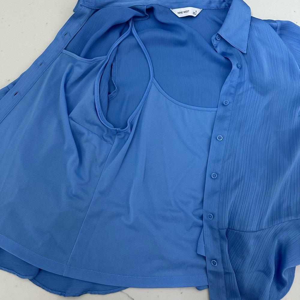 Nine West Blue Button-Down Shirt – Notched Collar, 3/4 Sleeves - Picture 4 of 6